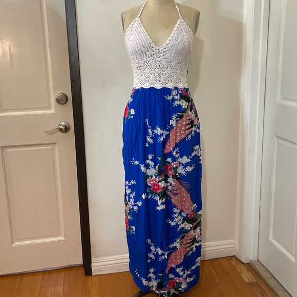 Crotchet Halter Open back Floral Rayon Maxi Dress - Picture 2 of 7